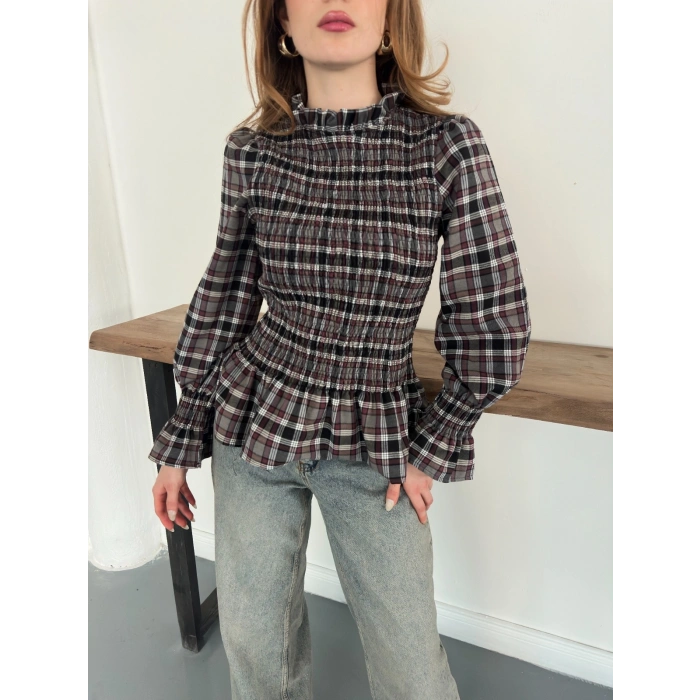 Büzgülü Ekose Bluz Antrasit