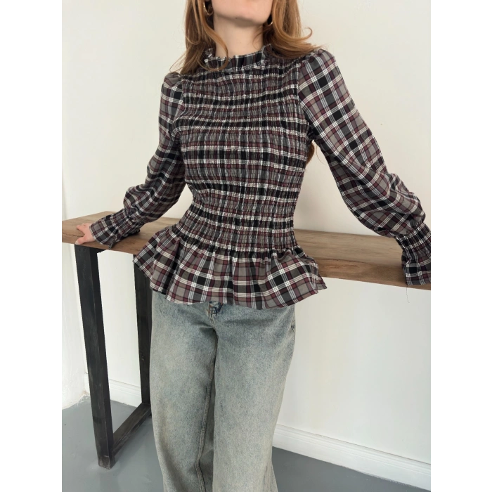 Büzgülü Ekose Bluz Antrasit