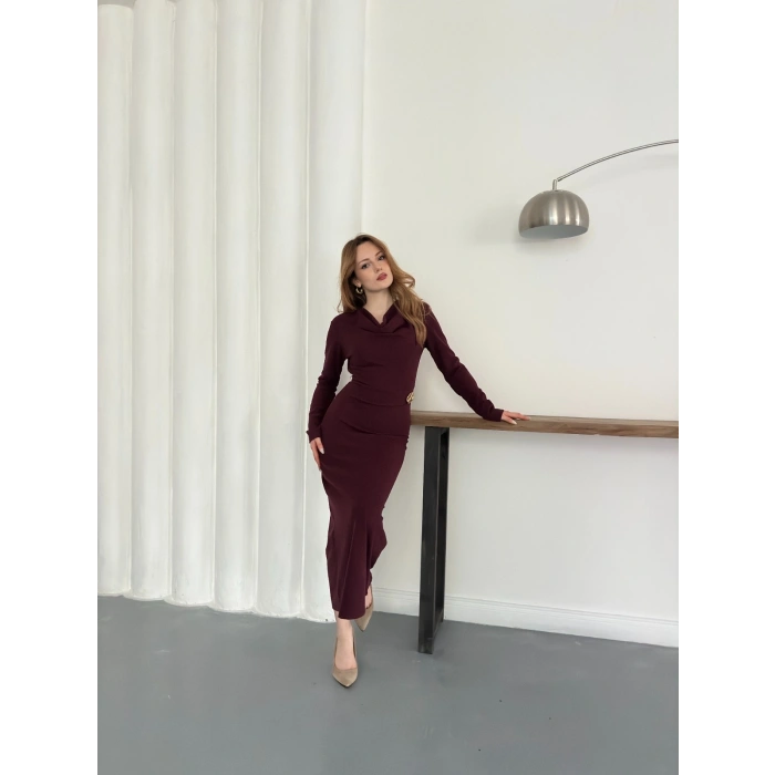 Aksesuar Detaylı Uzun Kol Elbise Bordo