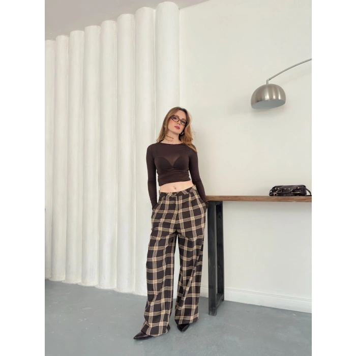 Ekose Yüksek Bel Bol Paça Pantolon Kahve