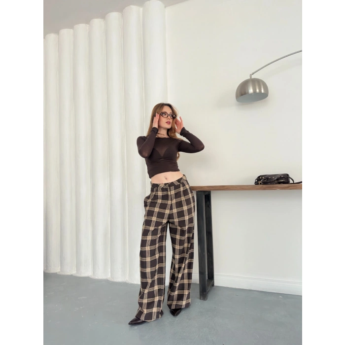 Ekose Yüksek Bel Bol Paça Pantolon Kahve