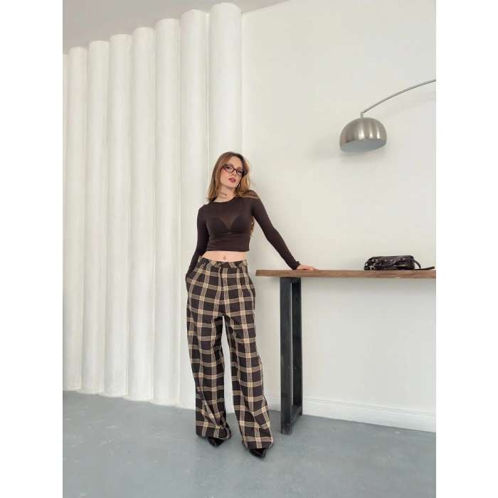 Ekose Yüksek Bel Bol Paça Pantolon Kahve