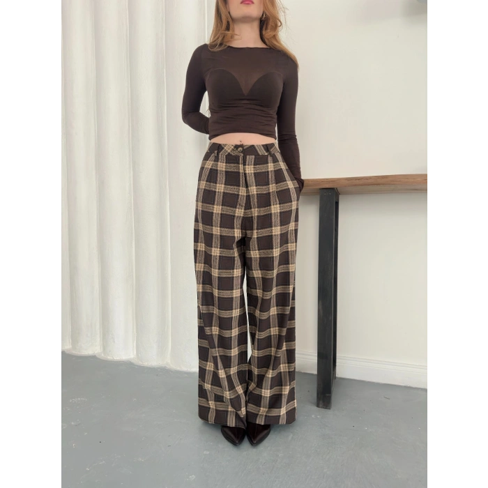 Ekose Yüksek Bel Bol Paça Pantolon Kahve
