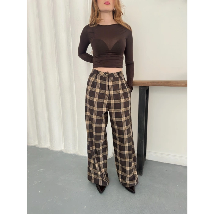 Ekose Yüksek Bel Bol Paça Pantolon Kahve