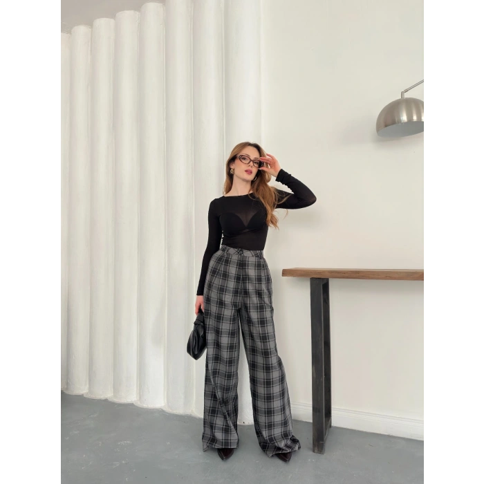 Ekose Yüksek Bel Bol Paça Pantolon Antrasit