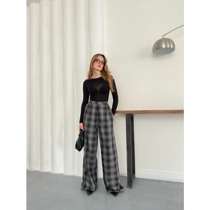 Ekose Yüksek Bel Bol Paça Pantolon Antrasit