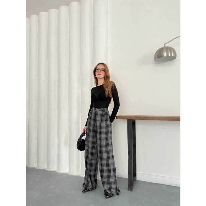 Ekose Yüksek Bel Bol Paça Pantolon Antrasit