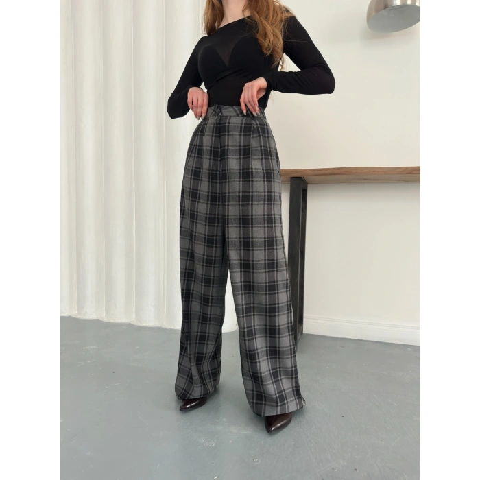 Ekose Yüksek Bel Bol Paça Pantolon Antrasit