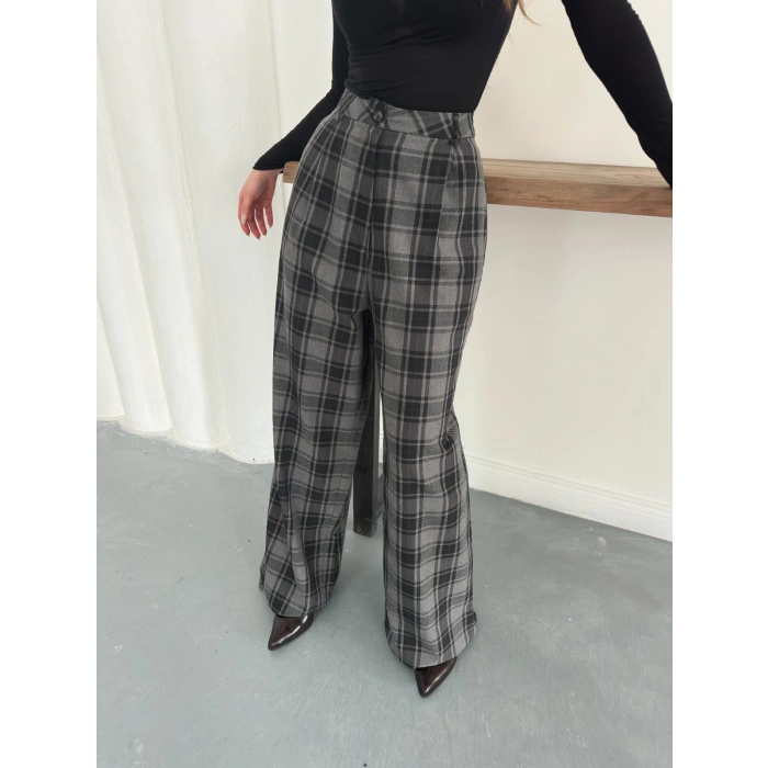 Ekose Yüksek Bel Bol Paça Pantolon Antrasit