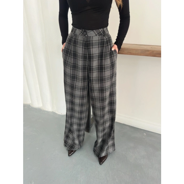 Ekose Yüksek Bel Bol Paça Pantolon Antrasit