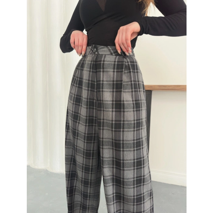 Ekose Yüksek Bel Bol Paça Pantolon Antrasit