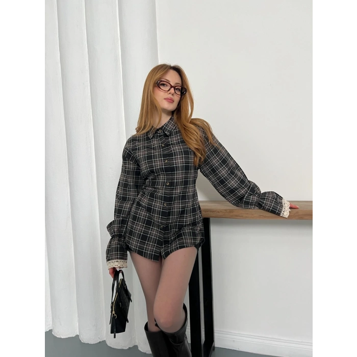 Ekose Dantel Detay Kol Büzgülü Gömlek Vizon