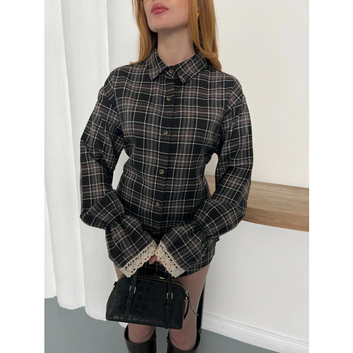 Ekose Dantel Detay Kol Büzgülü Gömlek Vizon