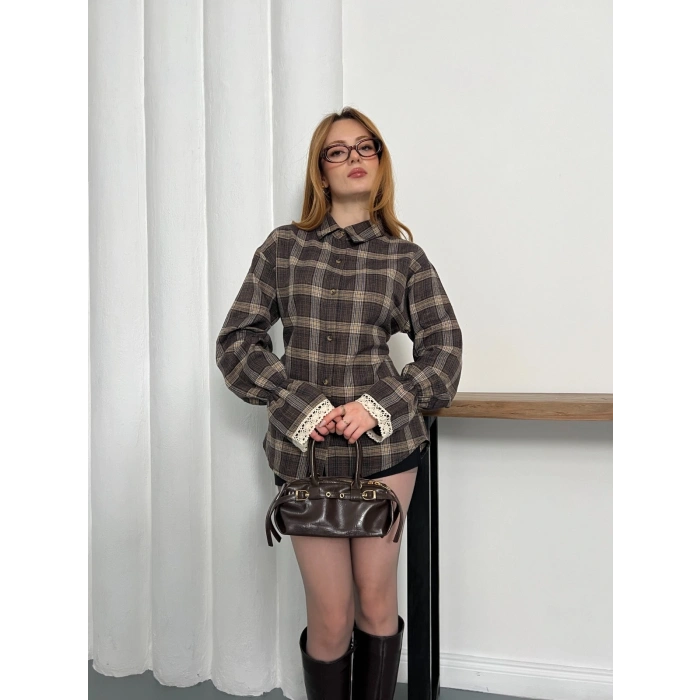 Ekose Dantel Detay Kol Büzgülü Gömlek Kahve