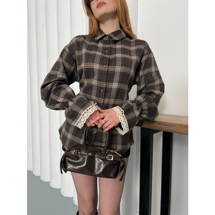 Ekose Dantel Detay Kol Büzgülü Gömlek Kahve