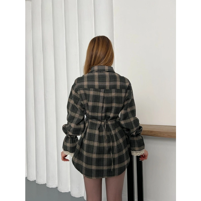 Ekose Dantel Detay Kol Büzgülü Gömlek Bej