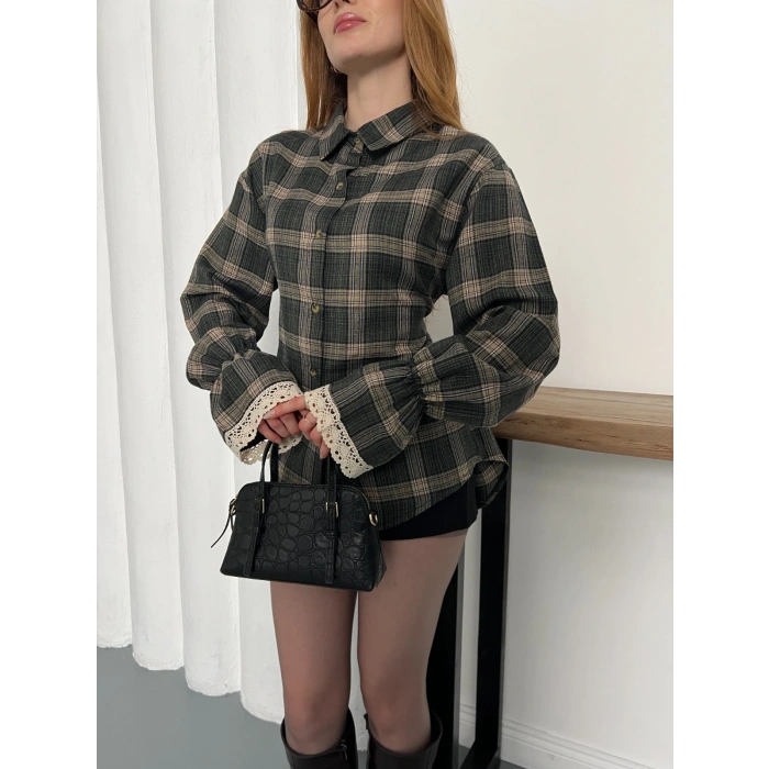 Ekose Dantel Detay Kol Büzgülü Gömlek Bej