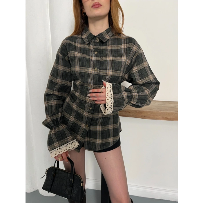 Ekose Dantel Detay Kol Büzgülü Gömlek Bej