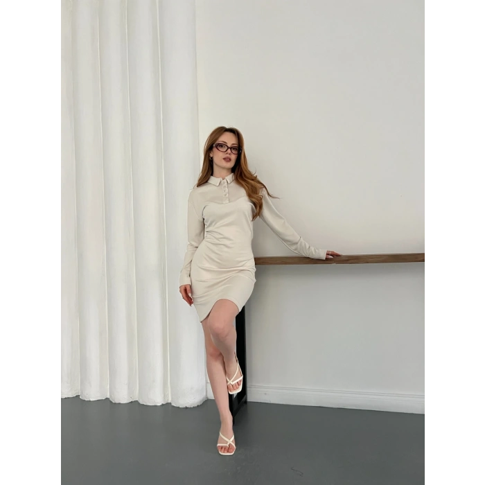 Polo Yaka Düğme Detaylı Uzun Kol Mini Elbise Bej
