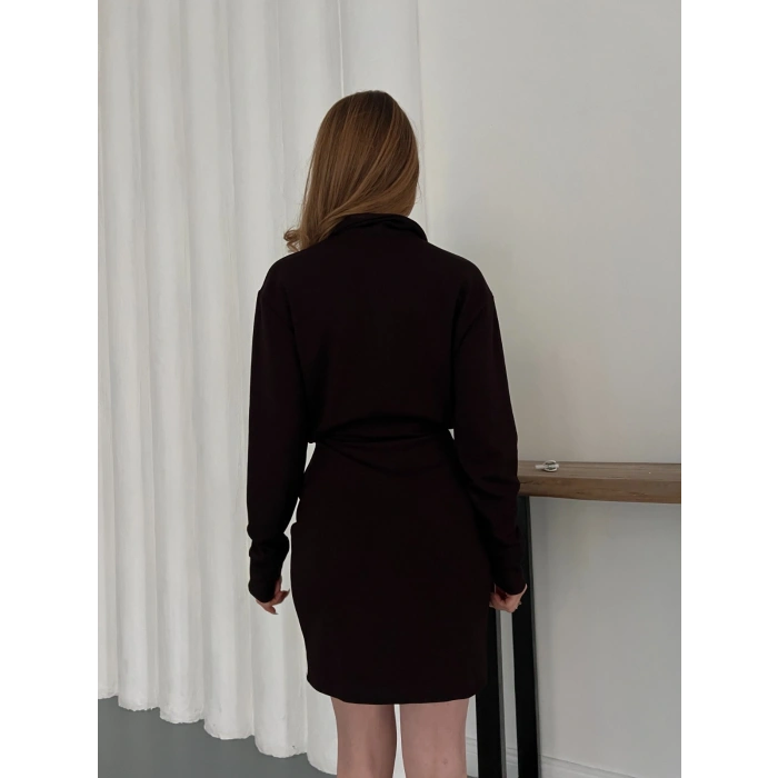 Polo Yaka Düğme Detaylı Uzun Kol Mini Elbise Kahve