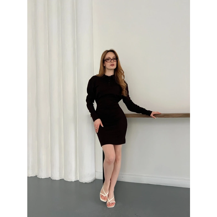 Polo Yaka Düğme Detaylı Uzun Kol Mini Elbise Kahve