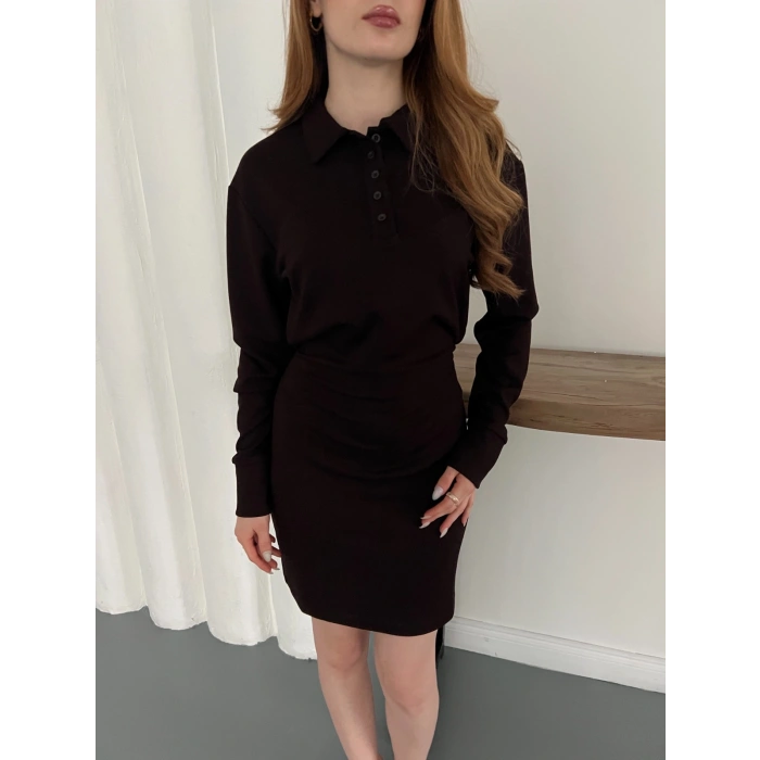 Polo Yaka Düğme Detaylı Uzun Kol Mini Elbise Kahve