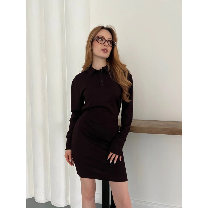 Polo Yaka Düğme Detaylı Uzun Kol Mini Elbise Kahve