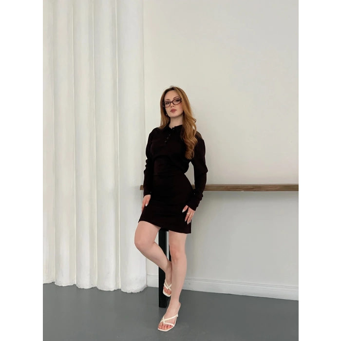 Polo Yaka Düğme Detaylı Uzun Kol Mini Elbise Kahve