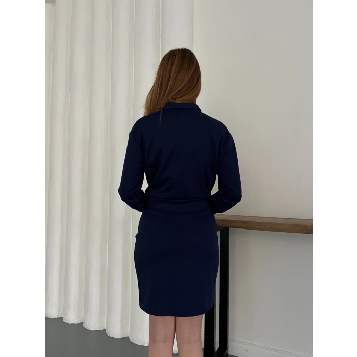 Polo Yaka Düğme Detaylı Uzun Kol Mini Elbise Lacivert