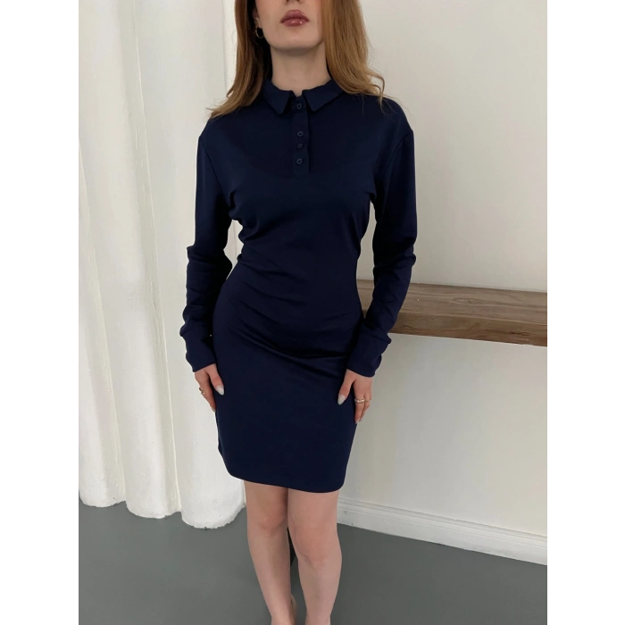 Polo Yaka Düğme Detaylı Uzun Kol Mini Elbise Lacivert