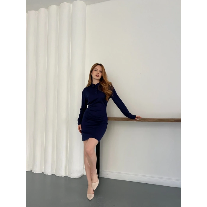 Polo Yaka Düğme Detaylı Uzun Kol Mini Elbise Lacivert