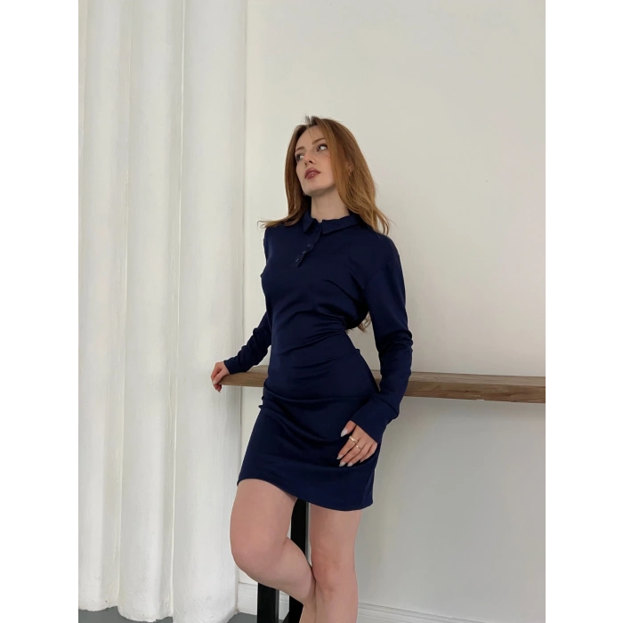 Polo Yaka Düğme Detaylı Uzun Kol Mini Elbise Lacivert
