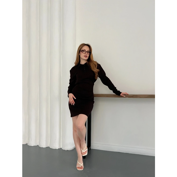 Polo Yaka Düğme Detaylı Uzun Kol Mini Elbise Siyah