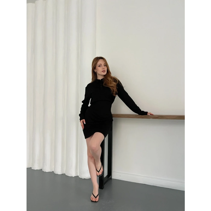 Polo Yaka Düğme Detaylı Uzun Kol Mini Elbise Siyah