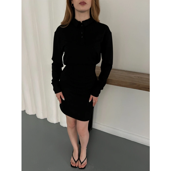 Polo Yaka Düğme Detaylı Uzun Kol Mini Elbise Siyah