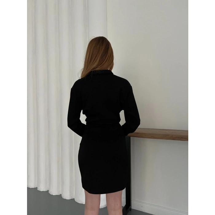 Polo Yaka Düğme Detaylı Uzun Kol Mini Elbise Siyah