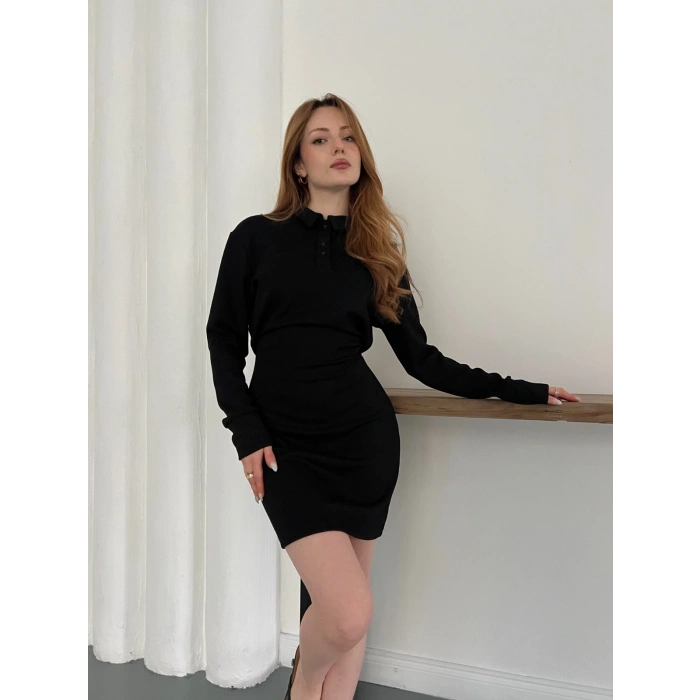 Polo Yaka Düğme Detaylı Uzun Kol Mini Elbise Siyah