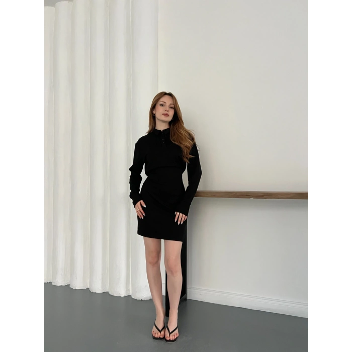 Polo Yaka Düğme Detaylı Uzun Kol Mini Elbise Siyah