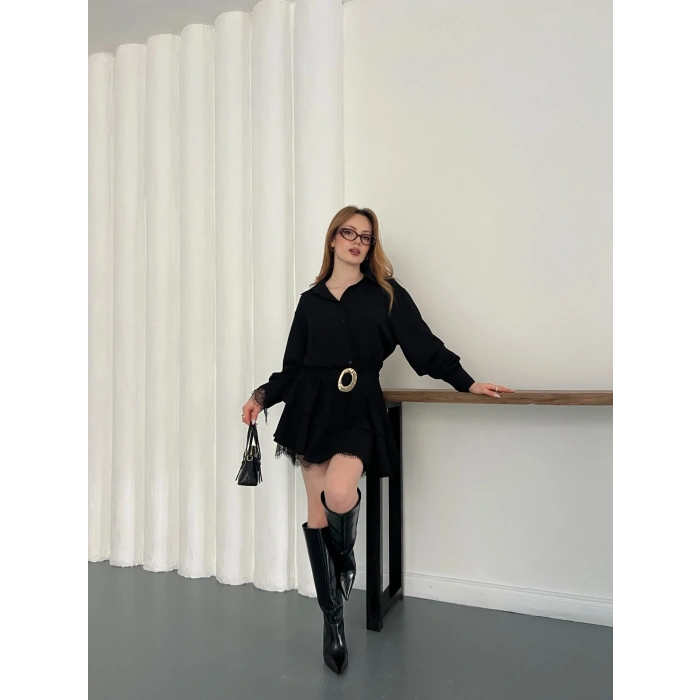 Kemer Aksesuar Detaylı Dantelli Elbise Siyah