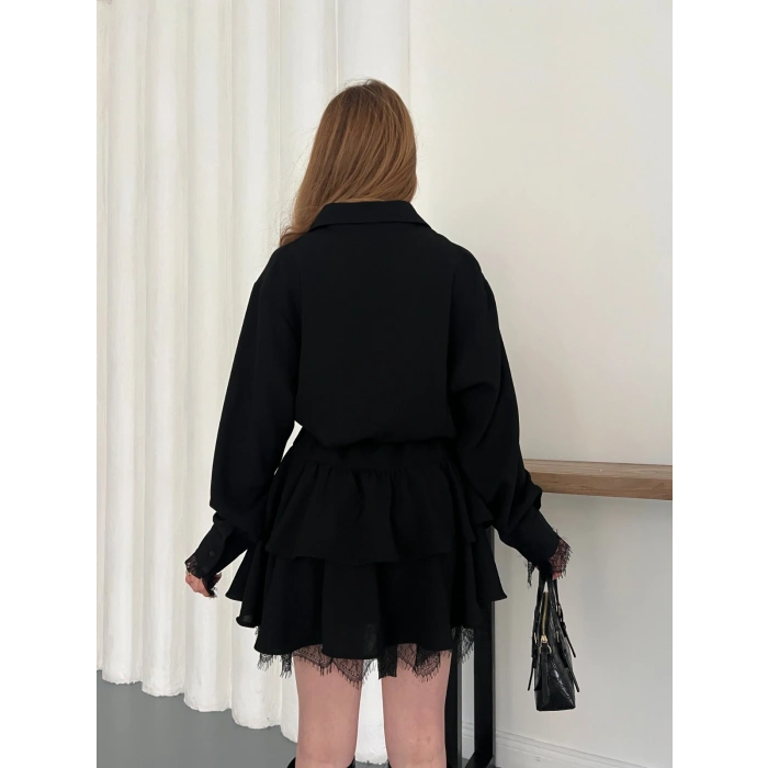 Kemer Aksesuar Detaylı Dantelli Elbise Siyah