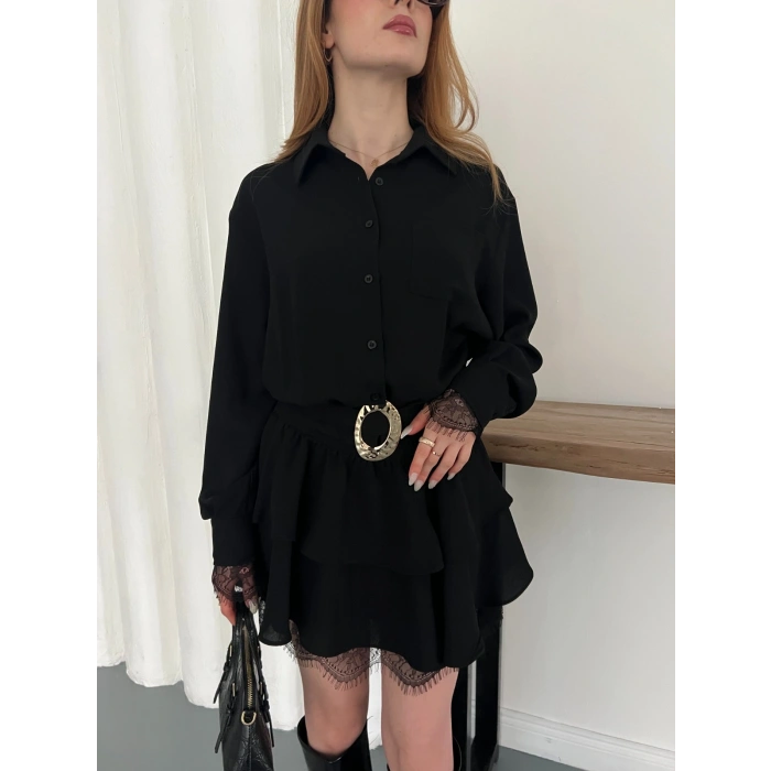 Kemer Aksesuar Detaylı Dantelli Elbise Siyah