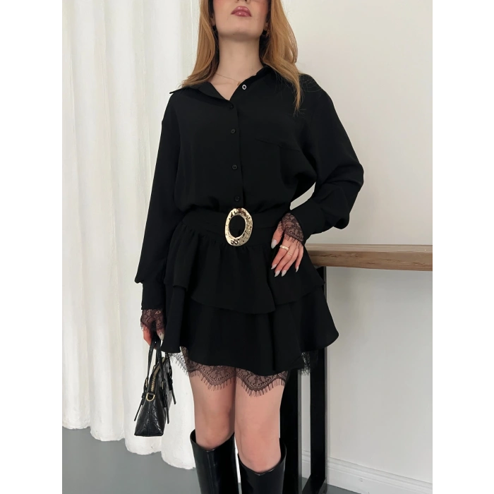 Kemer Aksesuar Detaylı Dantelli Elbise Siyah