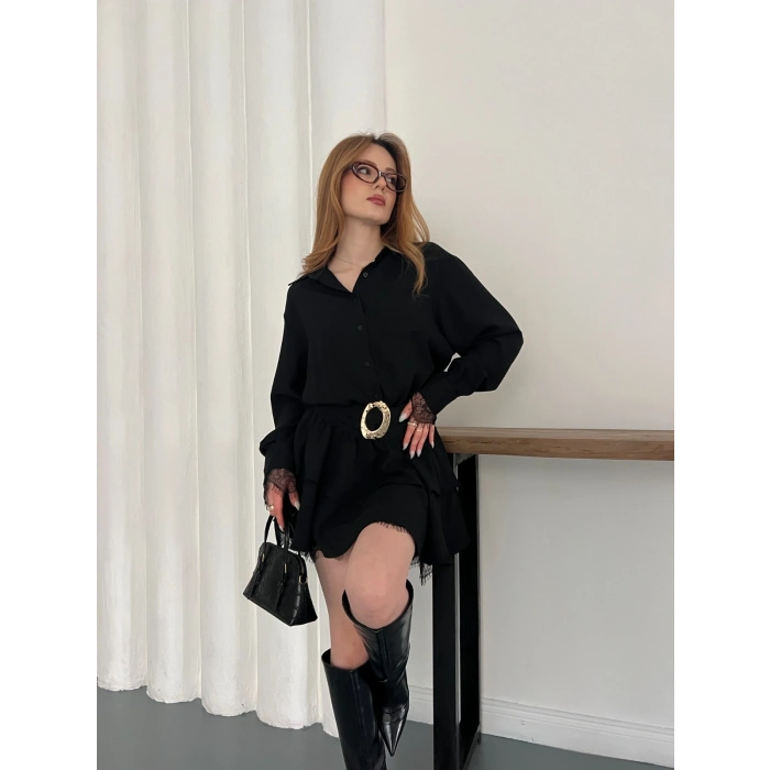 Kemer Aksesuar Detaylı Dantelli Elbise Siyah