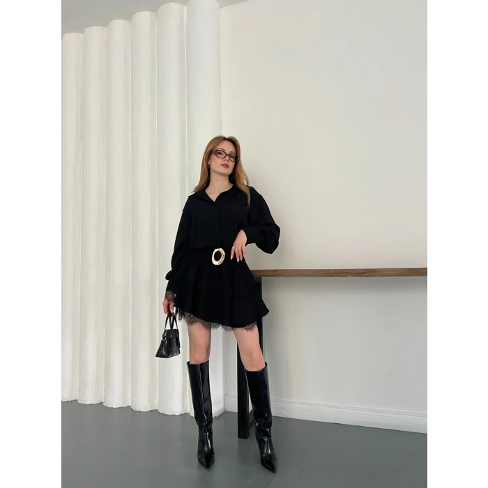 Kemer Aksesuar Detaylı Dantelli Elbise Siyah