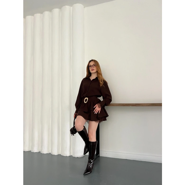 Kemer Aksesuar Detaylı Dantelli Elbise Kahve