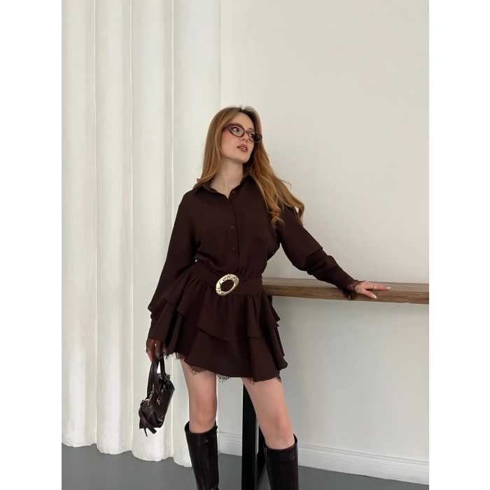 Kemer Aksesuar Detaylı Dantelli Elbise Kahve