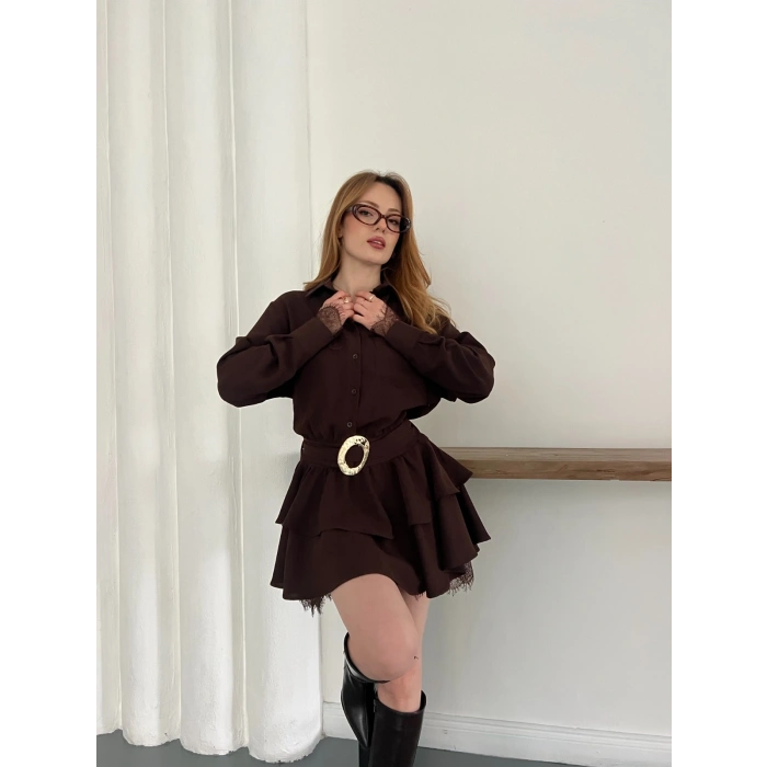 Kemer Aksesuar Detaylı Dantelli Elbise Kahve