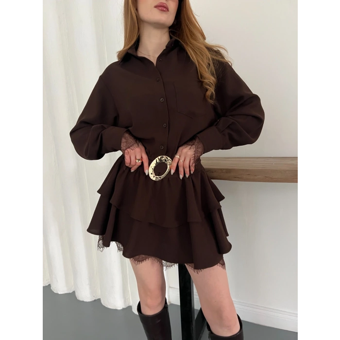 Kemer Aksesuar Detaylı Dantelli Elbise Kahve