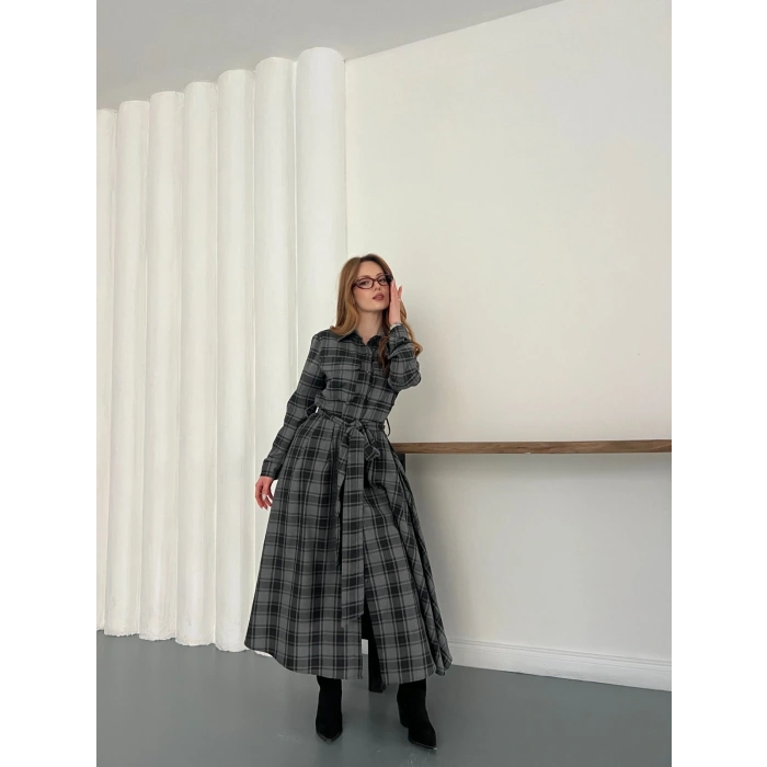 Bel Kuşaklı Ekose Uzun Gömlek Elbise Antrasit