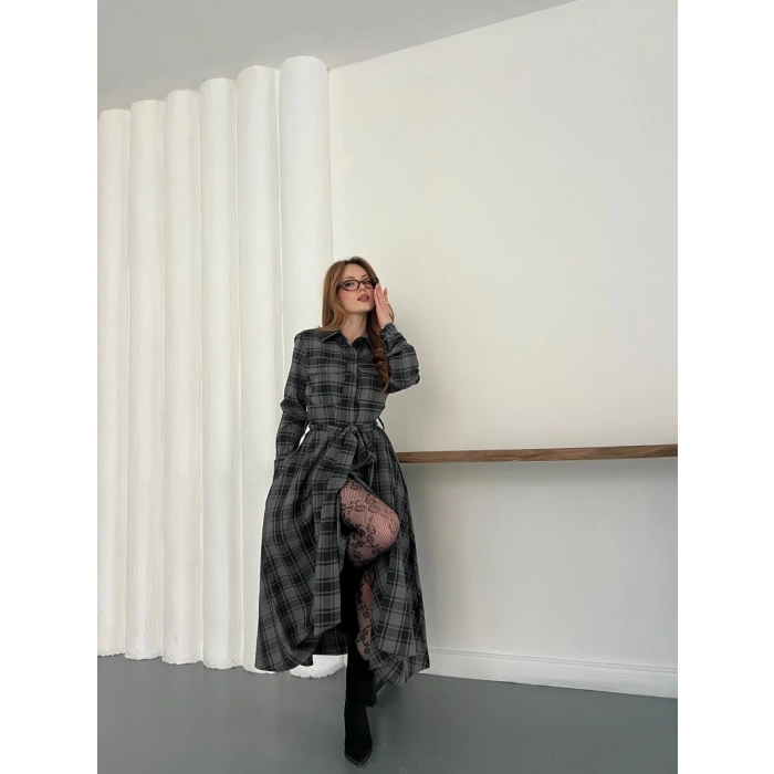 Bel Kuşaklı Ekose Uzun Gömlek Elbise Antrasit